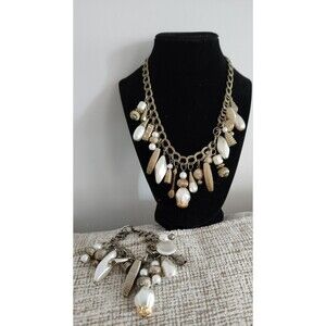 Vtg Double Link Dangle Charm Set Bracelet 7.5" Necklace16" Earrings Clip On 4"